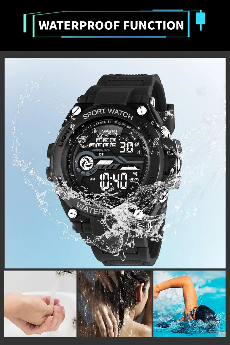 GBB - Orologio sportivo sportivo da uomo, impermeabile, con sveglia, timer e funzione militare, multifunzione, a LED, con doppio display da uomo, Black