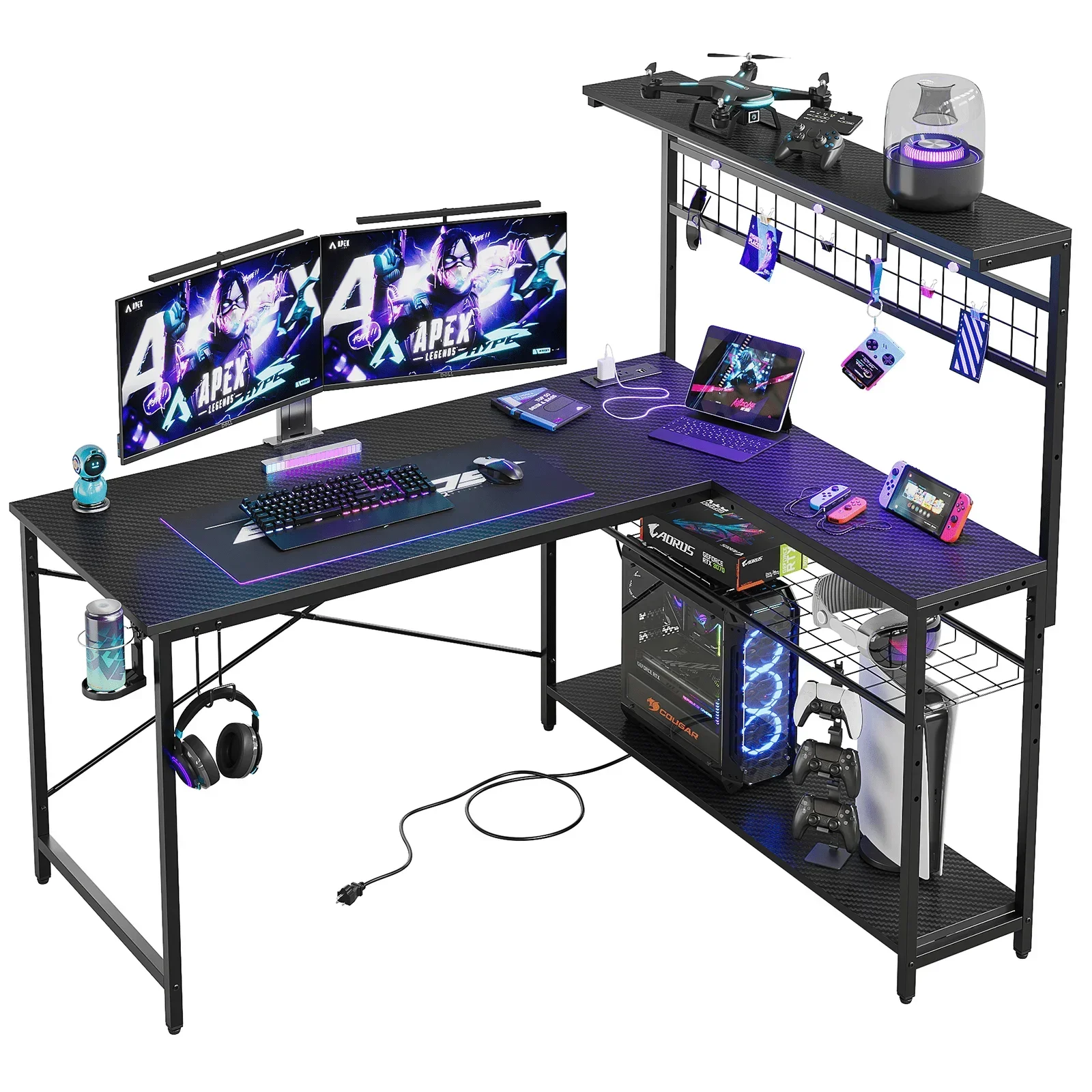 Adult Collection L Shape Power Outlets and LED Black Gaming Desk, Black 2
