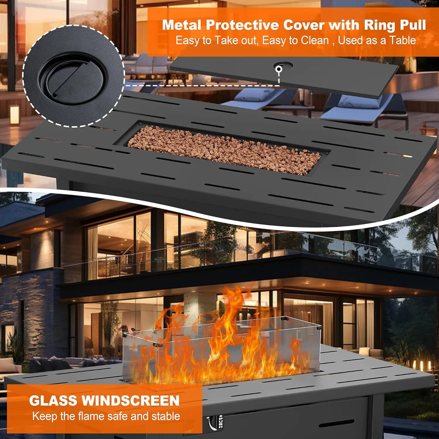 Walsunny 43 inch Outdoor Propane Fire Pit 50,000 BTU Gas Fire Pit Table with Lid, Glass Wind Guard, Waterproof Cover 4