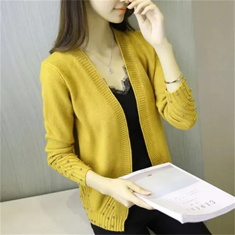 

Women Spring Autumn New Korean Beaded Sweater Cardigan Jacket Female Fashion Long Sleeve Knitwear Splicing Loose Sweaters Coat
