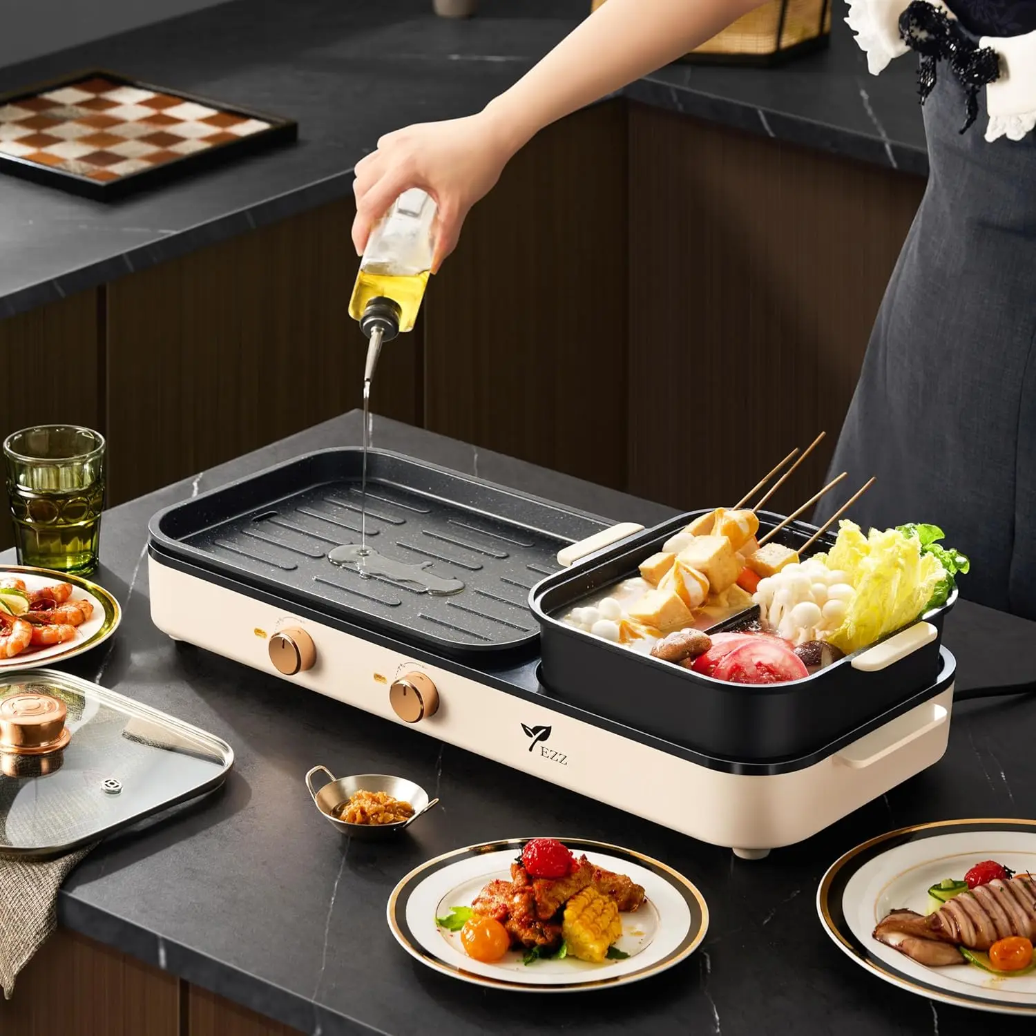 Hot Pot with Grill,Indoor Hot Pot 2 in 1 Multi-function Smokeless Shabu-Shabu Hotpot Korean BBQ Grill for Simmer,Separate Dual T 5