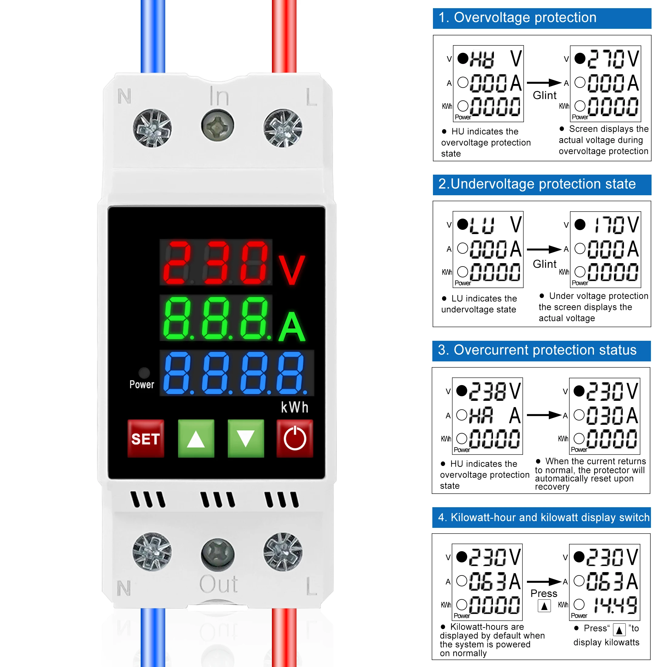 Din Rail Adjustable Over Voltage Under Voltage Protective Device 40A 63A 230V Relay Over Current Protection