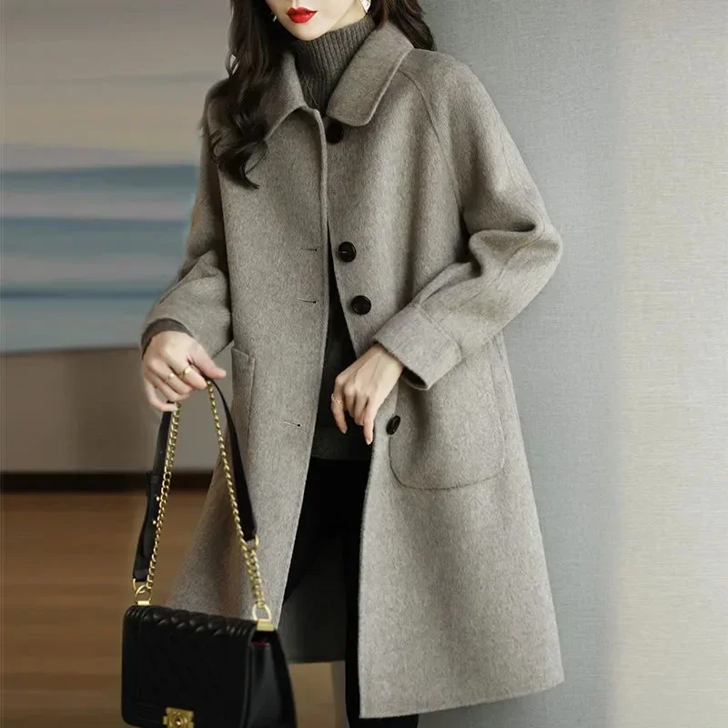 Moda coreana feminina de peito único Sobretudo grosso de comprimento médio, casaco de lã quente que combina com tudo, outwear casual, extragrande, 4XL, inverno