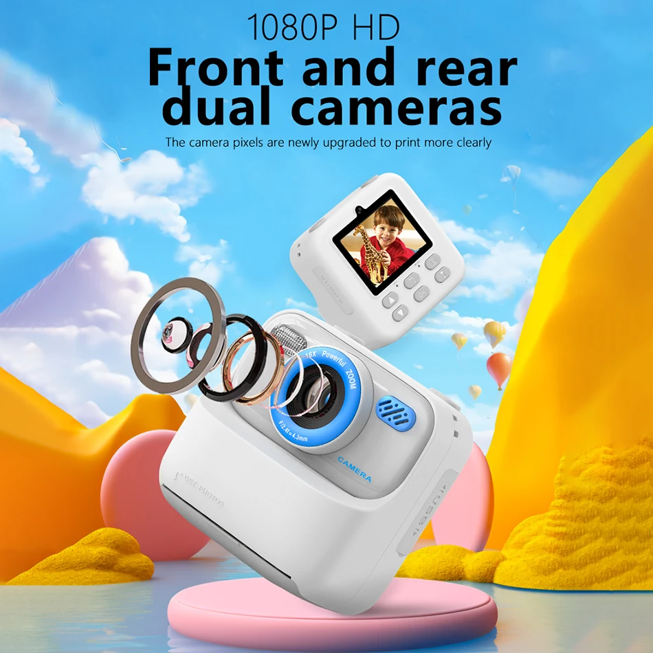 57mm Thermal Printer Instant Printing Front&Rear Dual Camera Flash Portable Digital Video 32G-SD for Kids Children Toddler Gifts