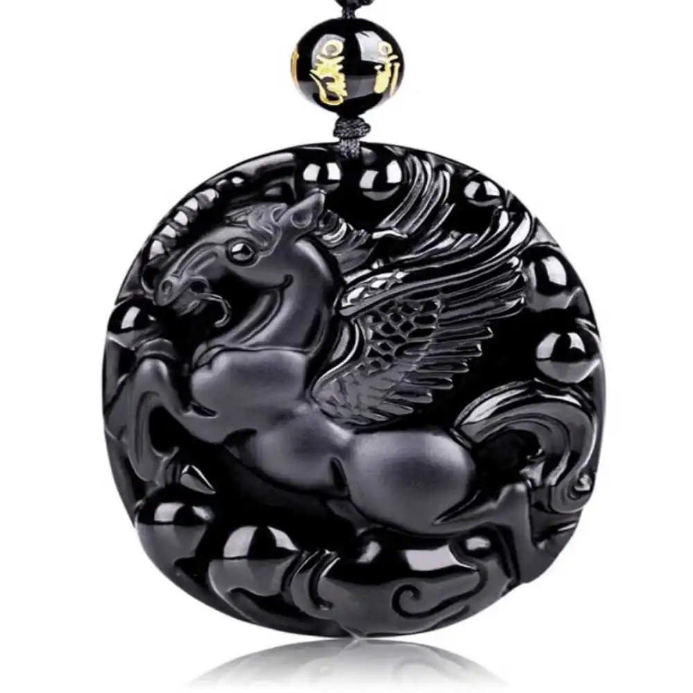 

Natural Obsidian Carved pegasus Lucky Amulet Pendant Gift Reiki New Men Quartz Keychain Charm Fashion Dragon Zodiac Energy