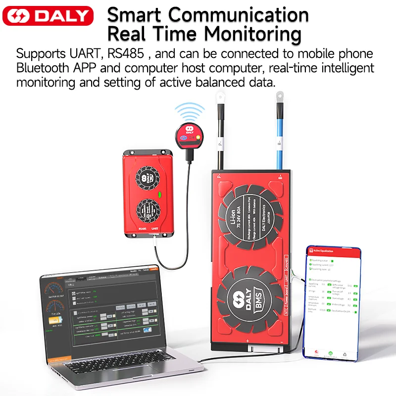 Lithium Battery Balancer Daly Smart BMS Smart Active Balancer 1A Lifepo4 3S-24S 12V-60V 60A-500A