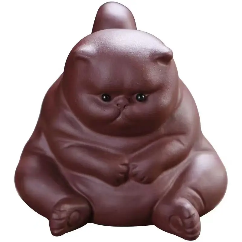 Dark-red Enameled Cute Little Angry Cat Tea Pet Ceramic Animal Crafts Tea Ceremony Accessories Household Ornament Car Decoration tea pet ornaments