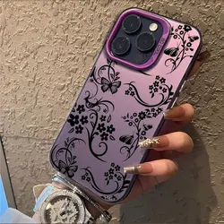 Elegant Black Floral Butterfly Phone Case - Shockproof Bumper Cover - iPhone 15 Plus (Purple)