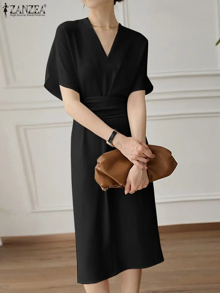 

Платье ZANZEA с поясом и коротким рукавом женское, элегантное однотонное элегантное модное миди-платье с V-образным вырезом и завязкой сзади