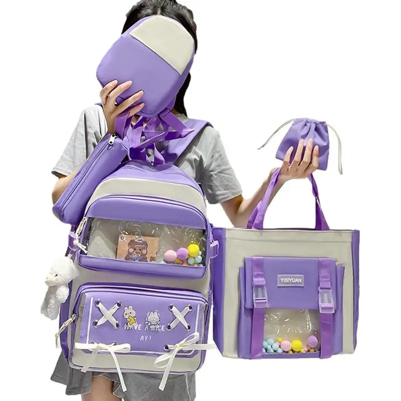 

Backpack Set For Girls 5 PieceAesthetic School Backpack With Pins And Plush Pendants Large Capacity Waterproof Cute For Short