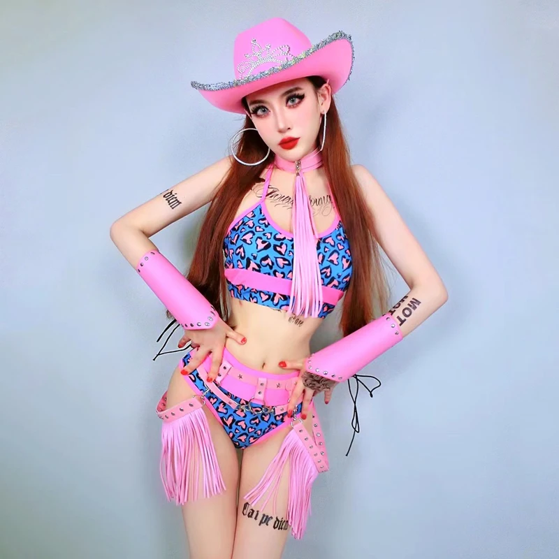 

Pink Love Bikini Outfit Sexy Gogo Dancer Costume Women Hiphop Jazz Clothing Party DJ DS Stage Rave Clothes Clubwear XS6417