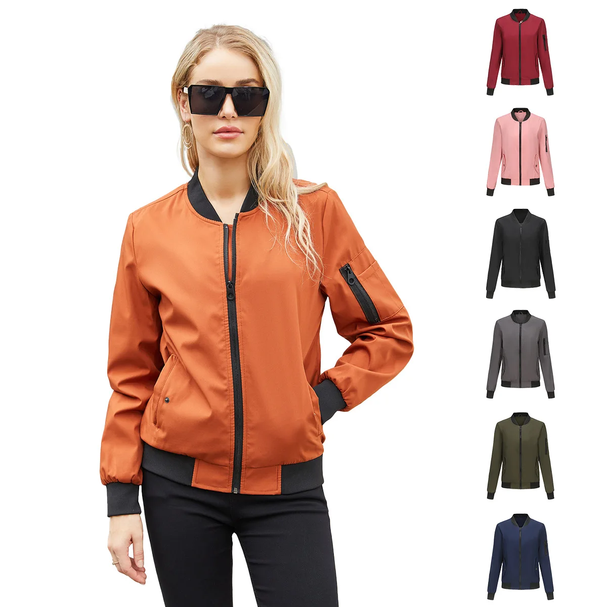 2023 Thin Flight Jacket Women's European and American Casual Long-sleeved Jacket Woman Loose Stand-up Collar Baseball Uniform