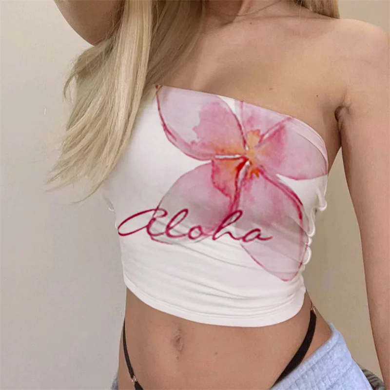 Top de tubo Y2K para mujer, con estampado floral estético, hombros descubiertos, sin tirantes, sin mangas, estilo bandeau, chaleco de los años 2000, ropa de calle para fiesta