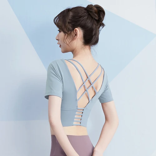 Yoga Shirts Workout Open Back Top Long Sleeve Crop Top Women Spring Autumn Gym Cross Back  Sports Shirt Short Sleeve Summer ShortSleeves Green