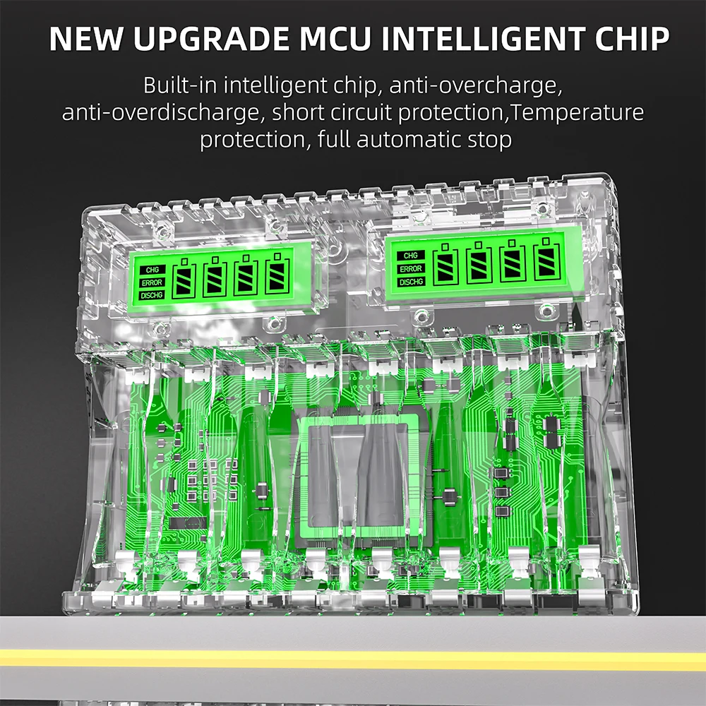 Universal Smart Battery Charger with LCD Display and USB Type-C Connection for AA and AAA Ni-MH Batteries, 8-Slot Capacity