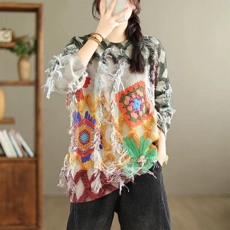 

Autumn And Winter Women's New Round Neck Loose Knit Sweater Printed Versatile Top Long Sleeve Pullover Beautiful Clothes