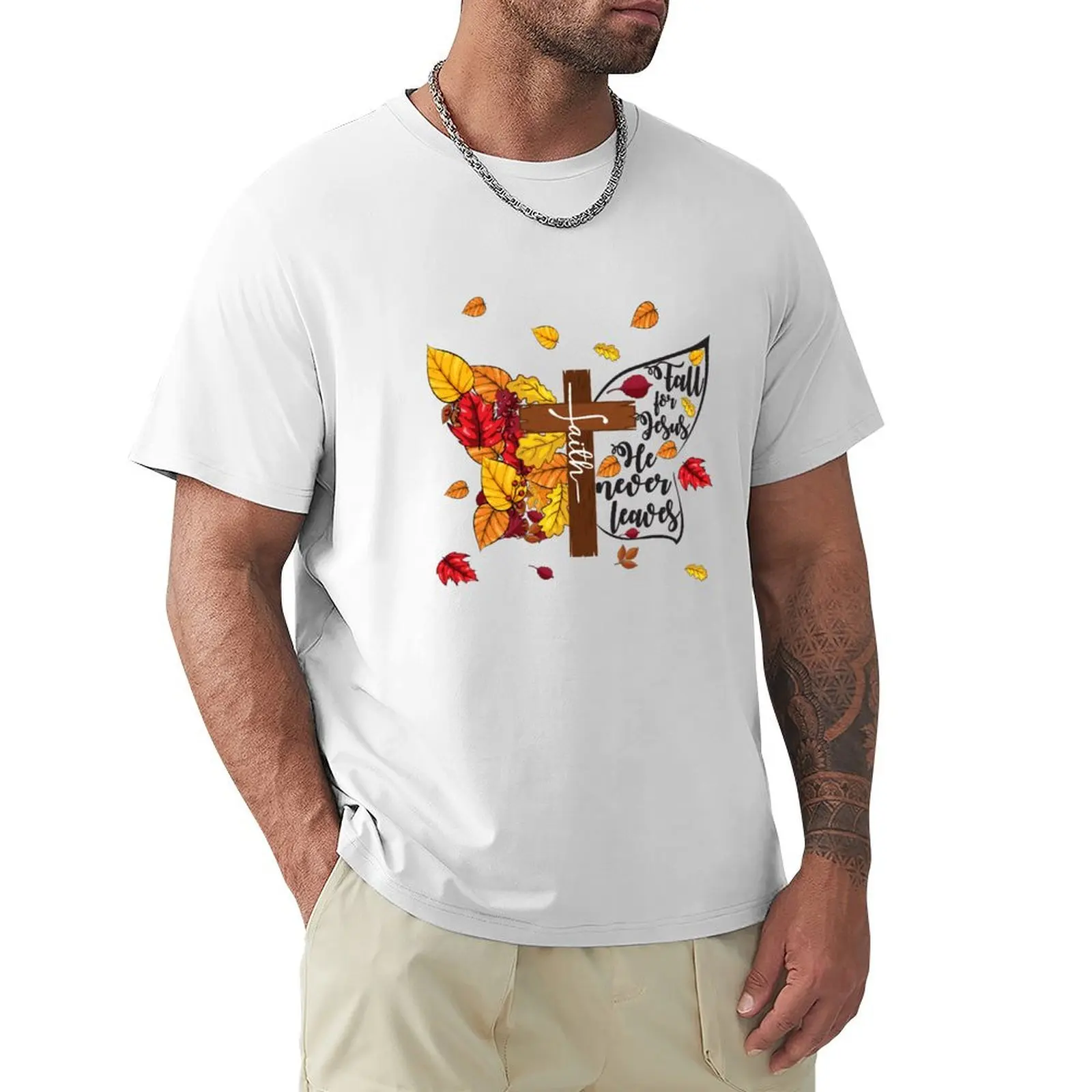 

Fall For Jesus He Never Leaves Faith T-shirt boys animal print Blouse heavyweight t shirts for men