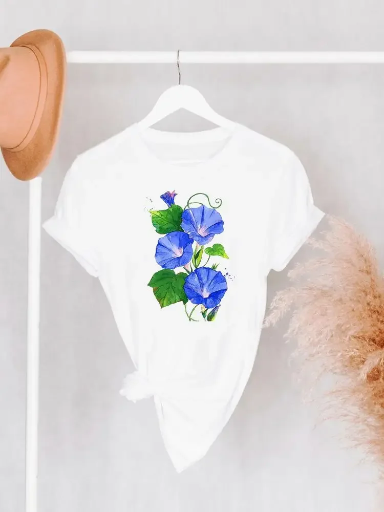 

Print T Shirt Fashion O-neck Short Sleeve Tee Graphic T-shirt Summer Clothes Flower Sweet Lovely Top Watercolor Women Clothing