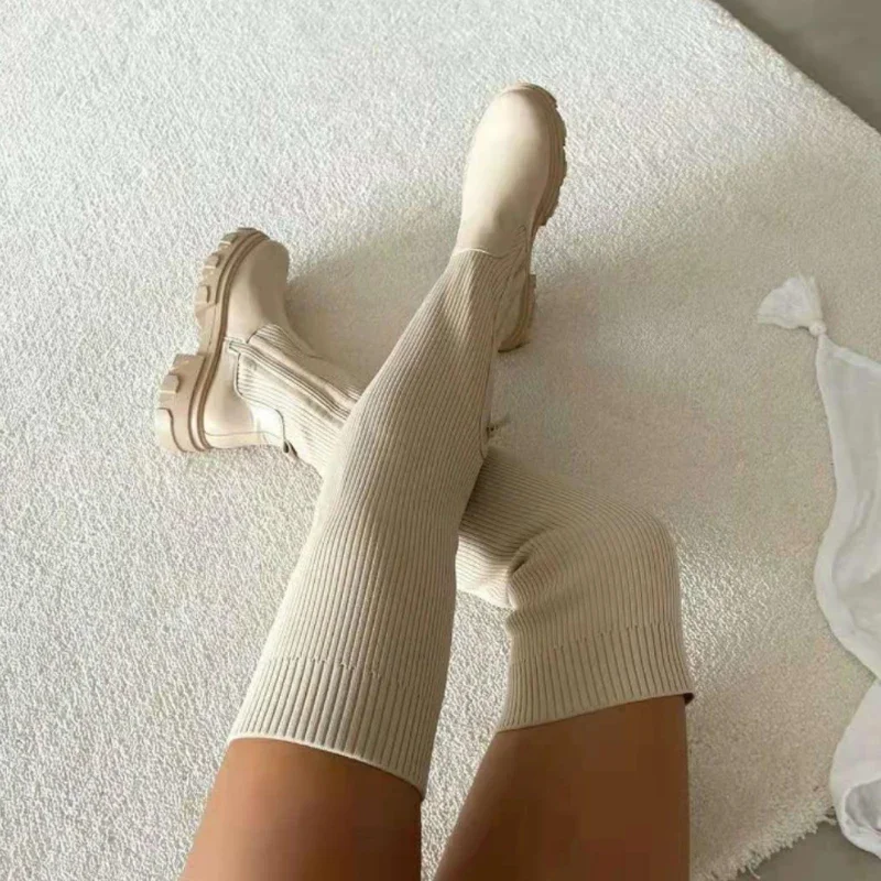 Autumn and Winter Boots Shoes Ladies Thick Winter Over-the-knee Thick-soled Stitching Socks Over-the-knee Boots Slim Fit
