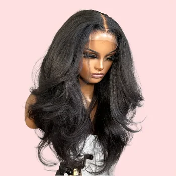 Super Soft Double Texture Kinky Straigh Body Wave Lace Front Hair Wig Synthetic Preplucked Yaki Wave Long 26 Inch 180density 1