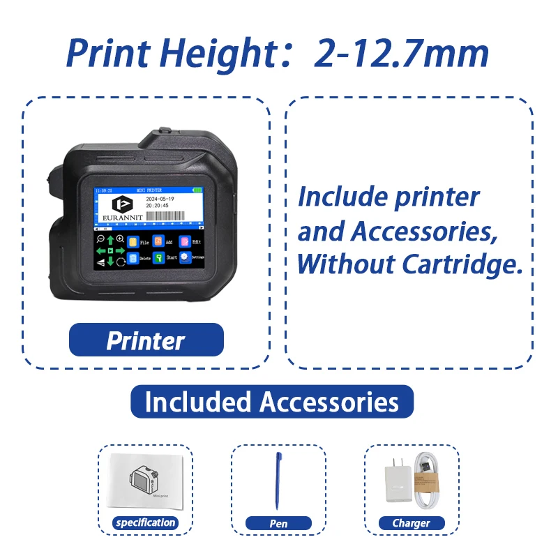 Imprimante Jet D'Encre Portable E98 Mini - Écran Tactile 2.8", Buse 12.7mm, Rechargeable - Pour Codes-Barres, Texte, QR