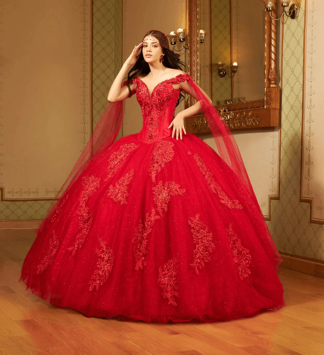 

Red Charro Quinceanera Dresses Ball Gown V-neck Tulle Appliques Beaded Puffy Mexican Sweet 16 Dresses 15 Anos