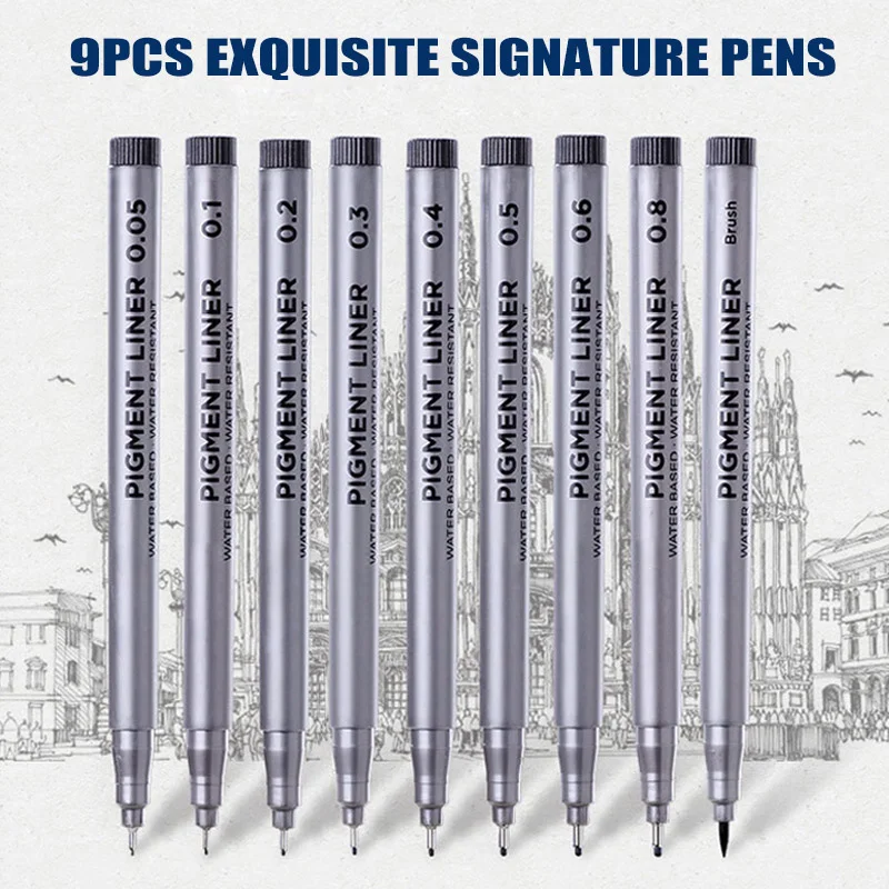 9Pcs/set Pigment Liner Micron Ink Marker Pen 0.05 0.1 0.2 0.3 0.4 0.5 Brush Tip Black Fineliner Sketching Manga Drawing | Канцтовары для