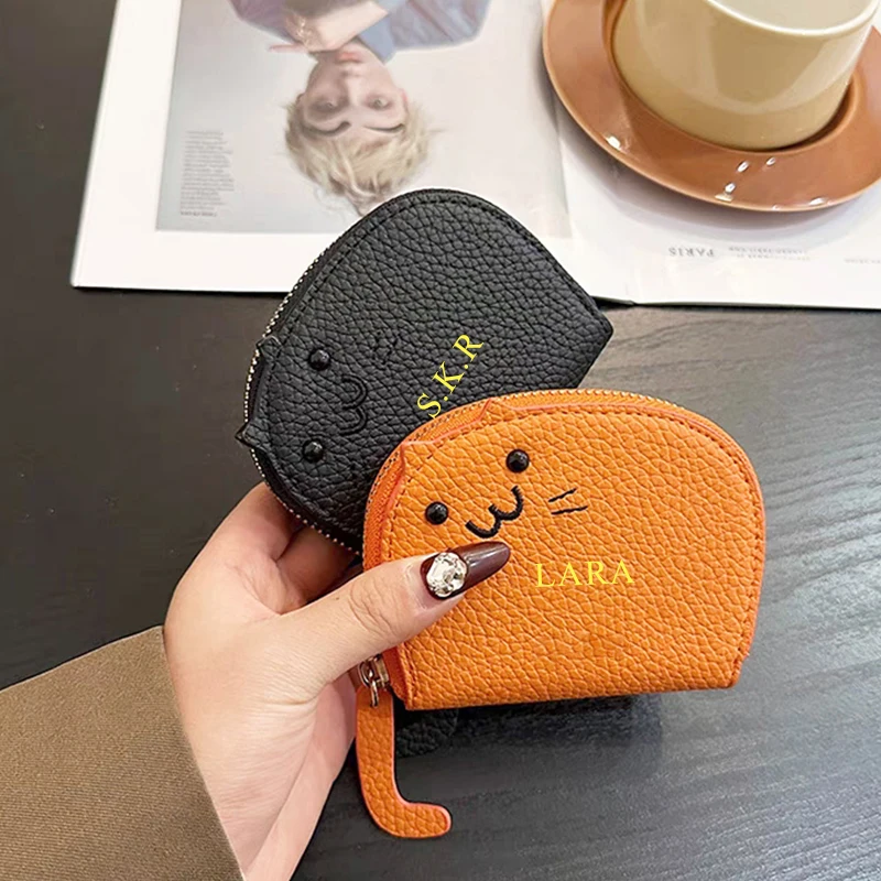 Cute Cat Real Leather Card Wallet Custom Letters Portable Fashion
