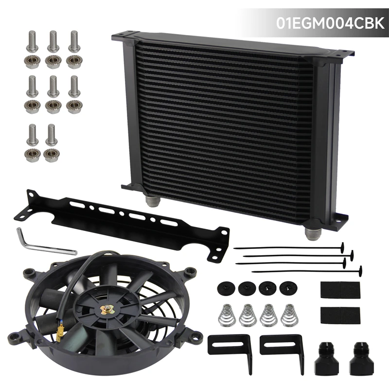 

Universal 30 Row AN10 Engine Oil Cooler with AN10 To AN8 Fittings Mounting Bracket + 7" Electric Fan Black/Silver For bmw x5