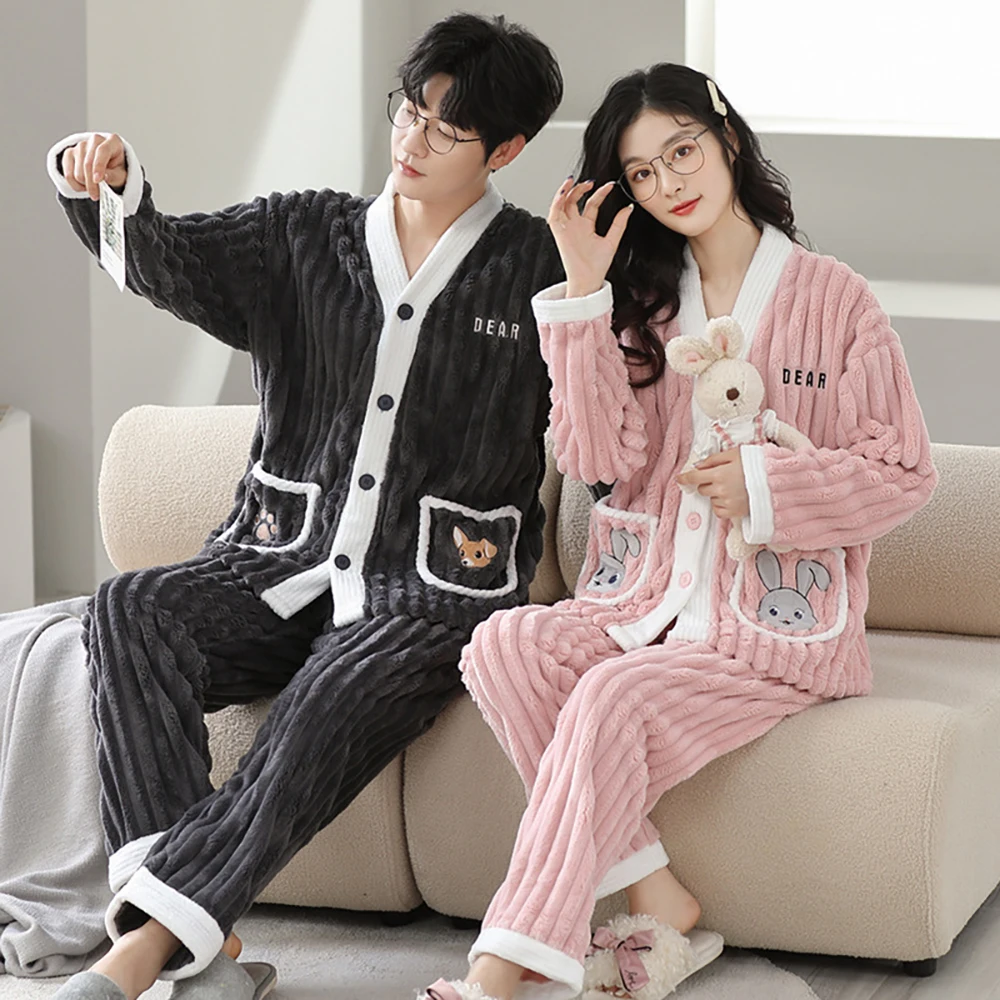 Antistatic Ultrafine Plush Thicken Island Velvet Couple Sleepwear Men's Winter Pajamas Set Warm Windproof Sweet Style Pajama