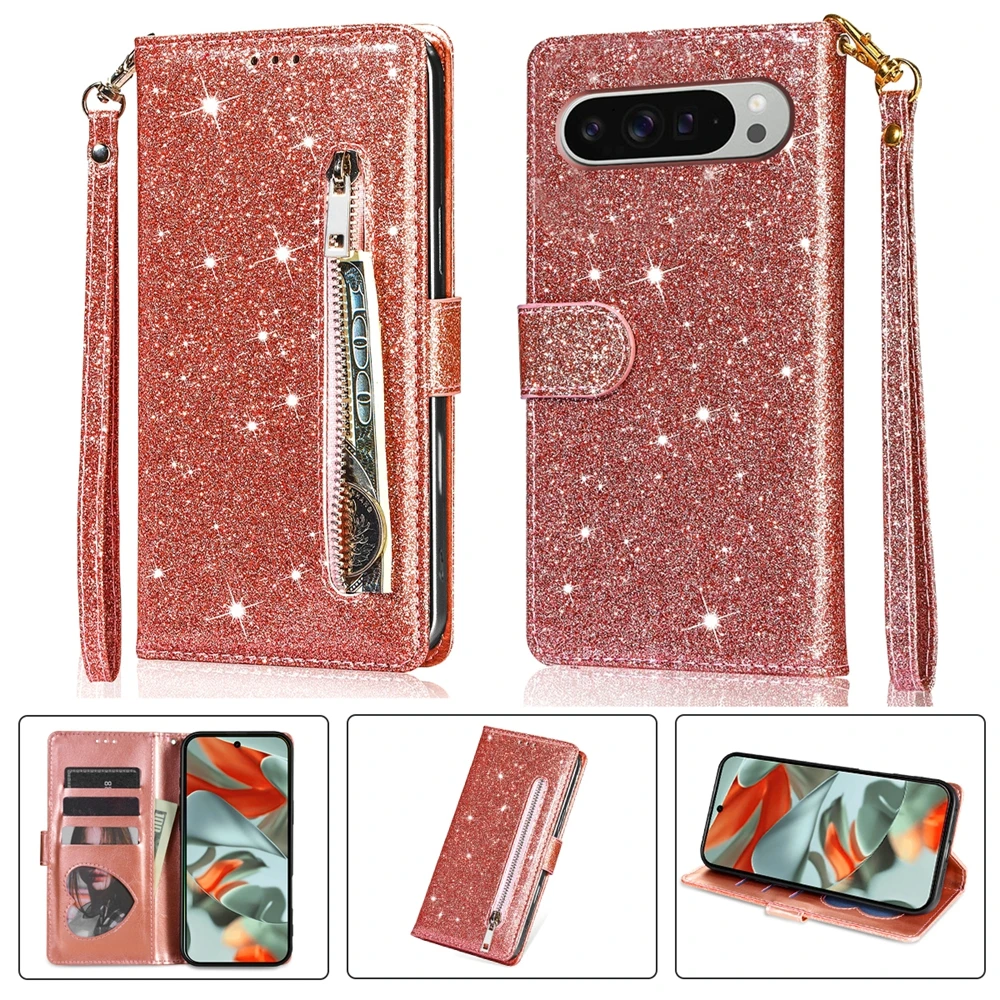 Glitter Wrist Strap Leather Flip Kickstand Wallet Phone Case with Card Holder
