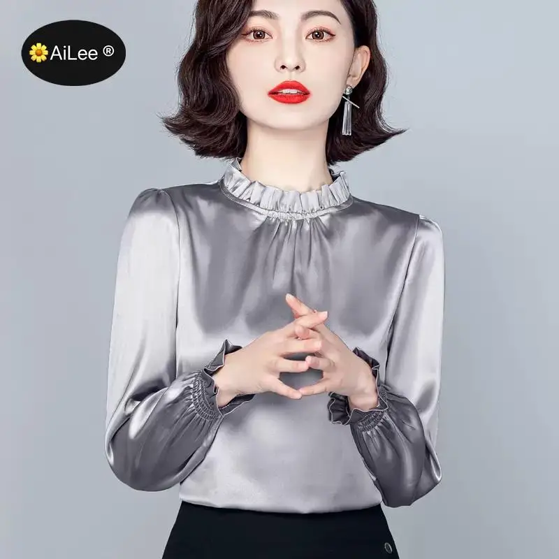 Autumn Fashion High Stand Neck Long Sleeve Blouse Women Clothing Simplicity Pullover Shirts Ladies Office Lady Loose Silk Tops fashion women s belt love round hole retro buckle narrow business lady belts winter hot sweater wild youth ladies belt