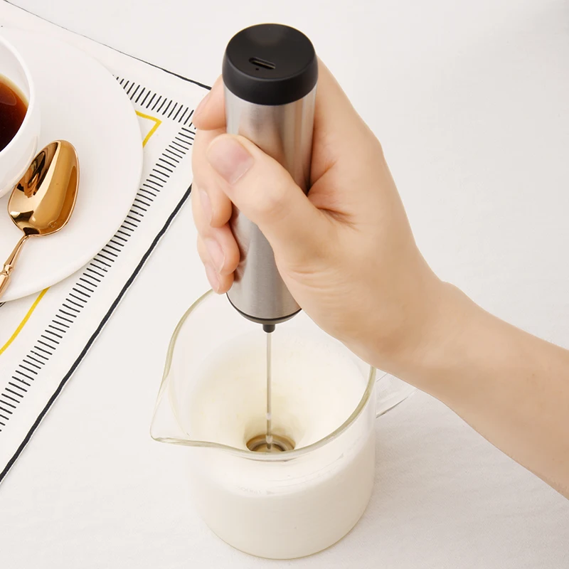 

Home USB Rechargeable Hand Mixer Kitchen 304 Stainless Steel Portable Electric Milk Frother With Metal Bracket for Coffee Making