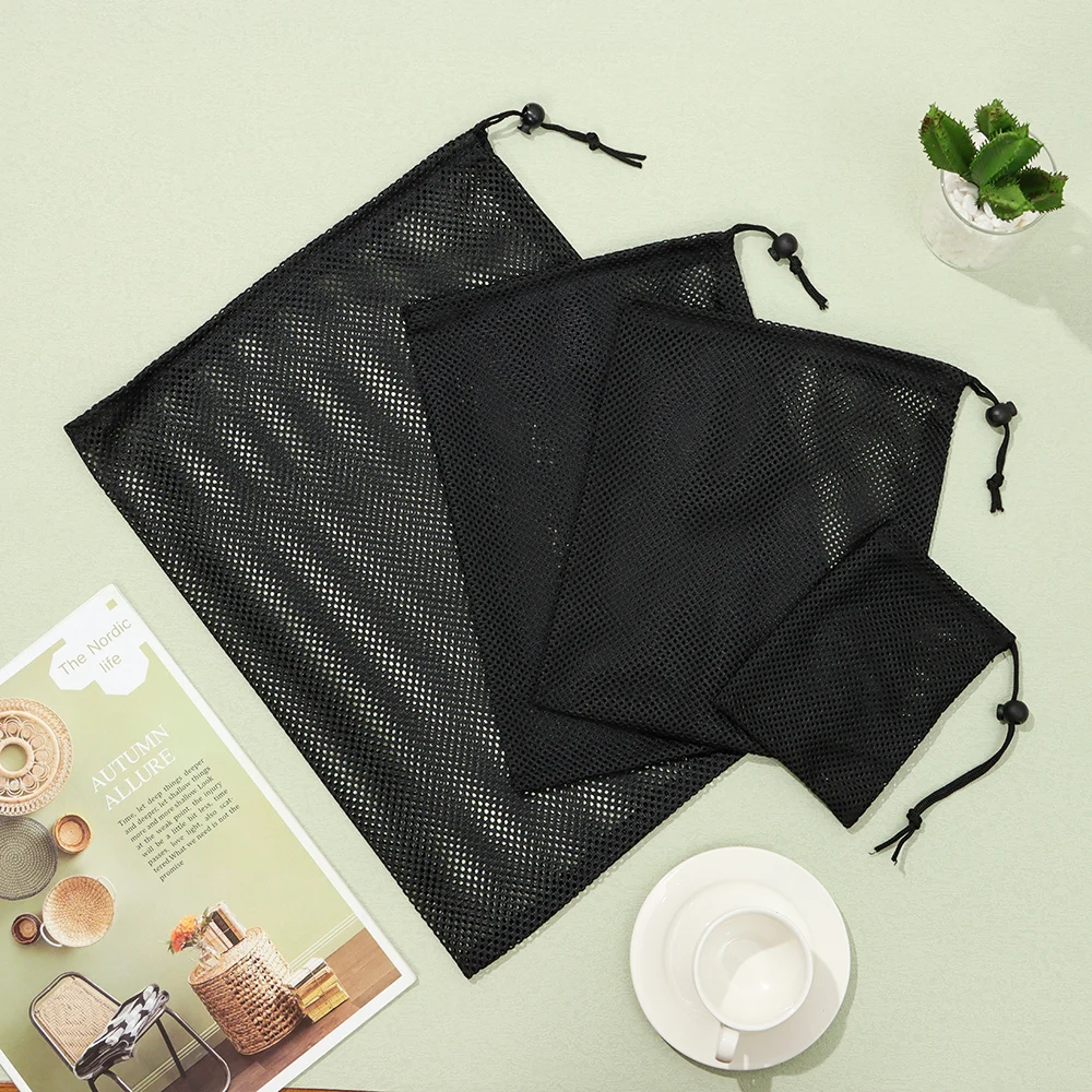 Description Picture 6 of item1 Pcs Black Durable Nylon Mesh Drawstring Bag Storage Pouch Multi Purpose Home Travel Outdoor Activity Laundry Bag Stuff Sack