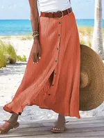 Plus Size Summer Fashion Button Solid Color Half-body Skirt Half-body Skirt Split A-line Package Hip Mid-waist Long Skirt - Image 2