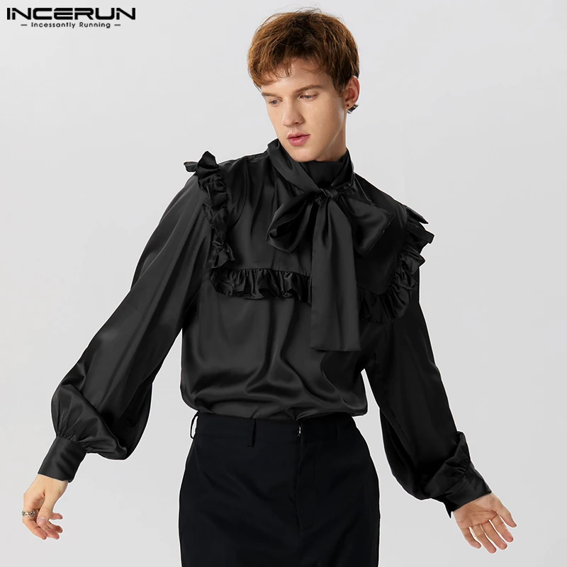 

INCERUN Tops 2023 American Style Men's Satin Tie Ruffle Design Shirts Stylish Palace Style Hot Selling Long Sleeved Blouse S-5XL