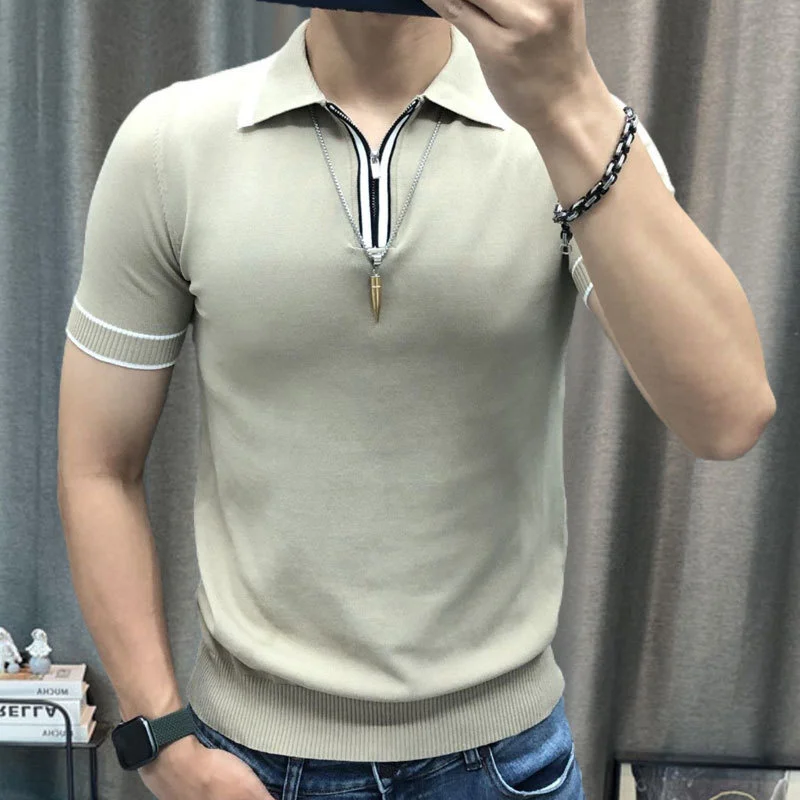 

Summer Zipper Knit Lapel T-shirt Polo British Contrasting Stripes Casual Slim Lapel Polo Men's Shirt Mannen Polo Camisa Hombre