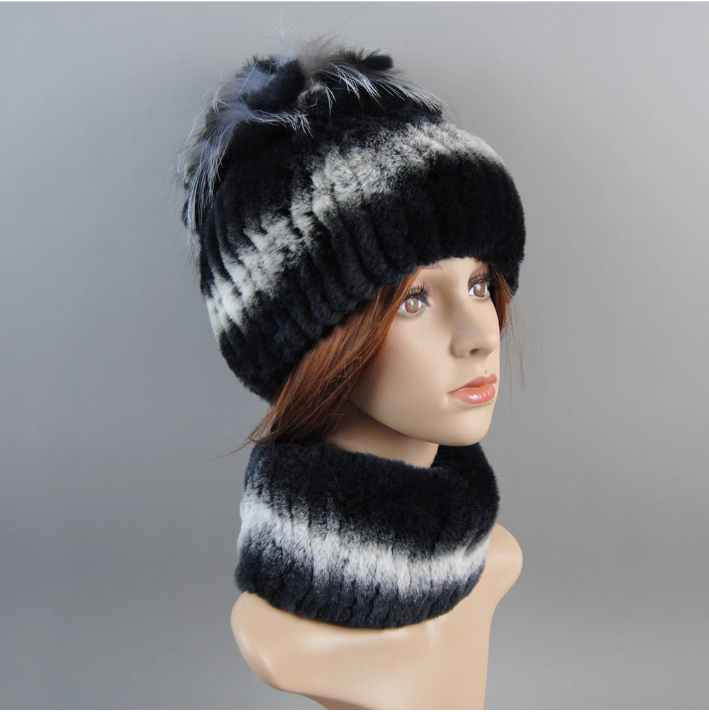 Real Rex Rabbit Fur Hat And Scarf Set Women Winter Knitted Beanie Hat Natural Fur Skullies Beanies Woman Hat Female Cap Elastic