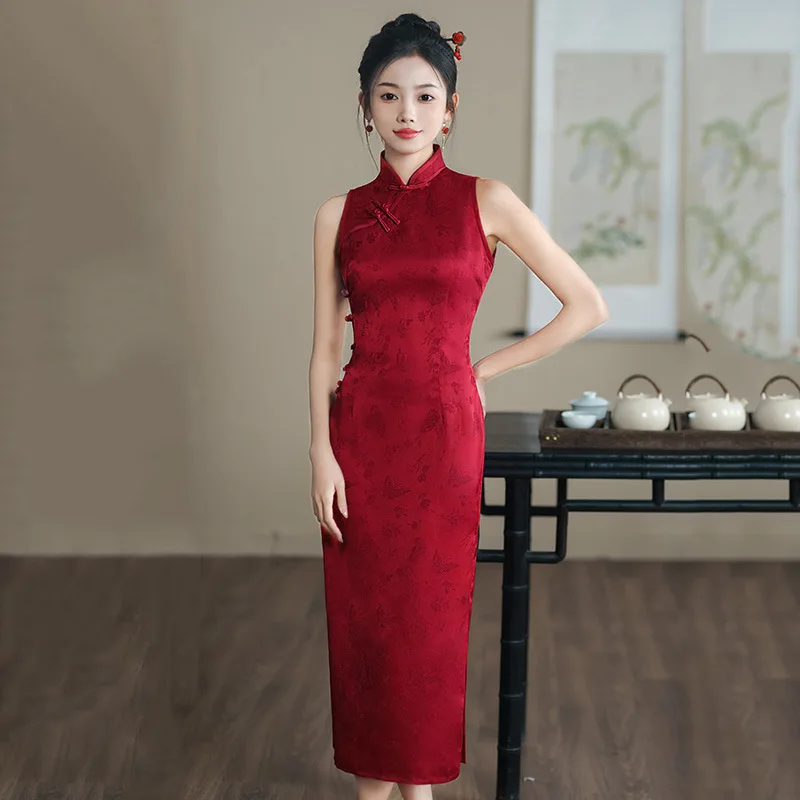 

Sexy Halter Women Chinese Dresses Red Print Vintage Cheongsams Qipao Female Sleeveless Mandarin Collar Party Dress Vestidos ﻿