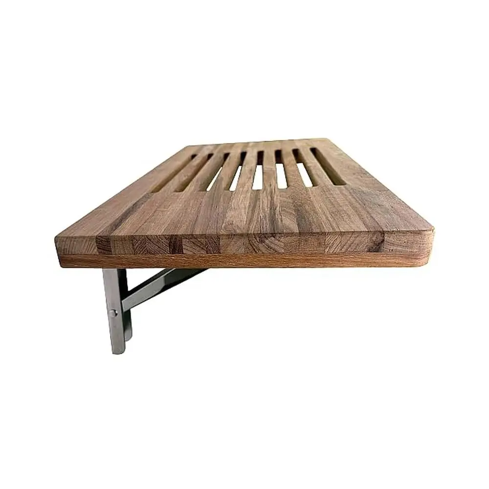 Teak Wood Folding Shower Seat Bench 24" Wall Mounted with Slots Wood Rounded Edges Easy Installation Non-ADA Compliant 4.24KG 2