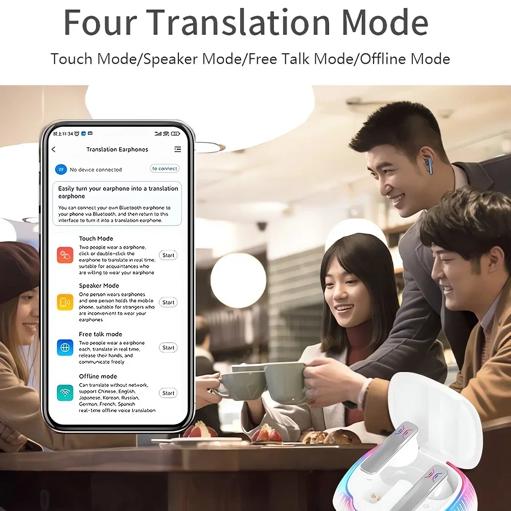 74 Languages Translatoe Earbuds Smart Voice Translate Real Time Support Online OffLine 4 Translation Mode AI Conversion translator earbuds translator earphones voice translator language translator translation headset