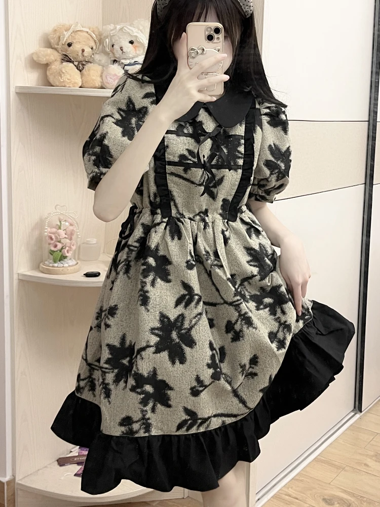 

Vintage Gothic Mori Girl Women Dress Japanese Peter Pan Collar Short Sleeve Preppy Style Mid-Calf Dress Floral Print Women Dress