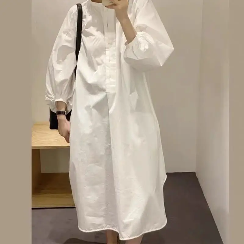 

2024 Female Solid Lantern Sleeve Dress Casual Shirt Dresses Fashion Women's Commuter Clothes Loose Spring Autumn Classy Clothing
