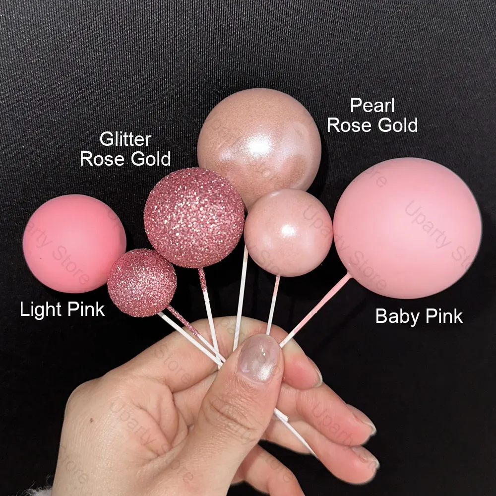 32Pcs Rose Gold Pink Cake Balls Topper Palm Leaves Glitter Pink - Main Image