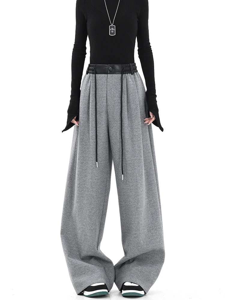 

Korean Casual Women's Contrast Color Spliced Wide Leg Pants Fashion Sporty Drawstring Loose High Waist Trousers Female