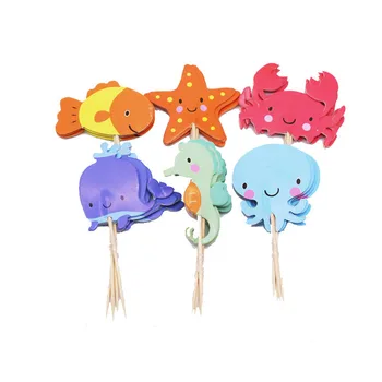 바다 동물 컵케이크 토퍼, 생일 파티 케이크 장식, 베이비 샤워, 소녀 인어 테마 파티 용품, 24 개