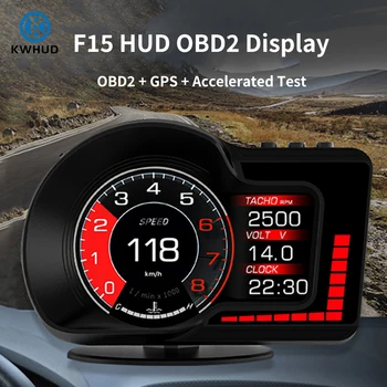 hud 헤드업 디스플레이 F15 자동차 HUD OBD2 GPS 헤드 업 디스플레이 속도계 물 및 오일 온도 RPM 자동차 게이지, 과속 피로 운전 알림 자동차 액세서리