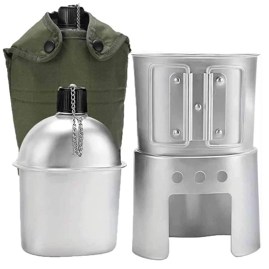 Outdoor Military Canteen Aluminum Alloy Canteen Multi-Functional Water Bottle Green Canvas Grab Handle Cup Camping Cookware sports water bottle portable water bottle