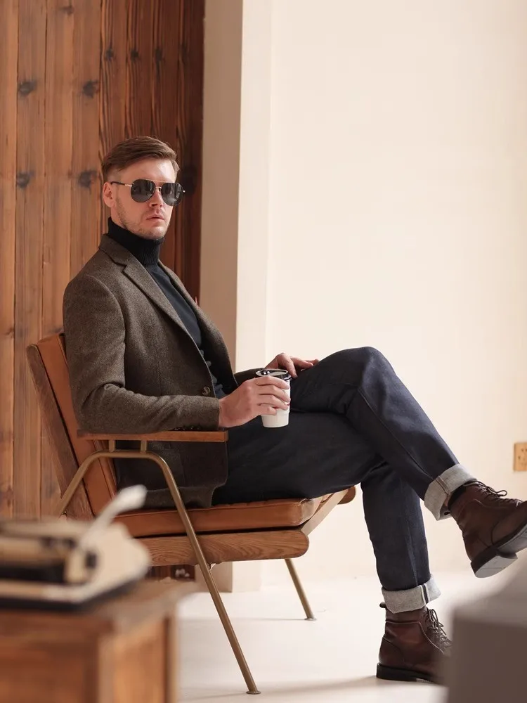 Herbst und Winter verdickter Retro-Anzug aus grober Wolle, Business-Casual, britischer Stil, Anzugjacke mit Fischgrätenmuster für Herren – Detail 13