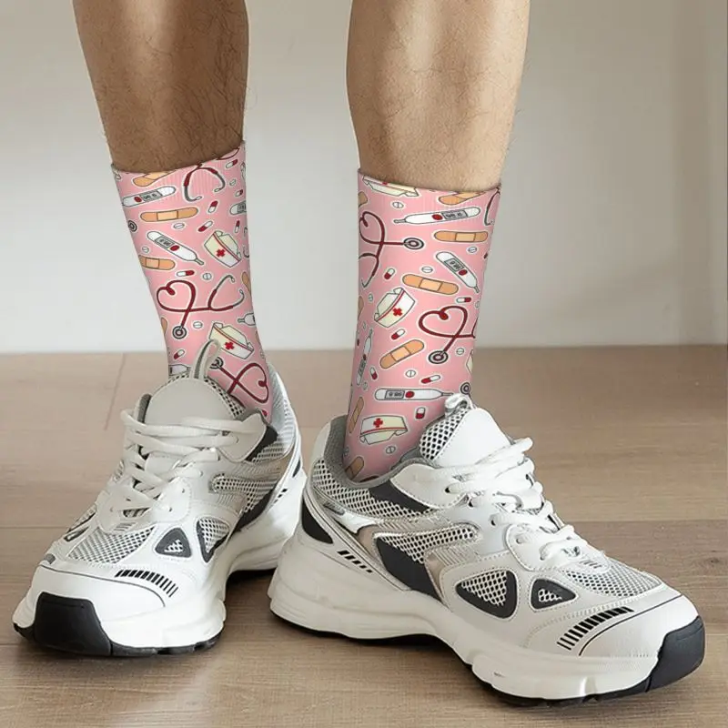 Fashion Printed Pink Cartoon Nurse Socks for Men Women Stretch Summer Autumn Winter Medical Nursing Crew Socks